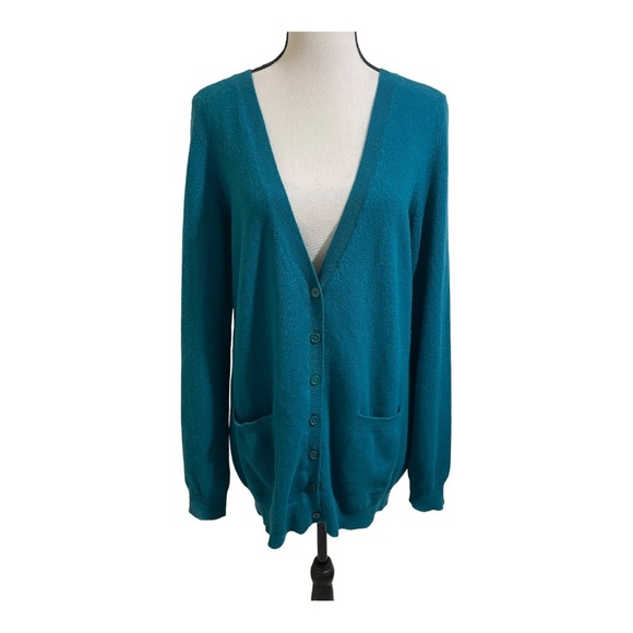 Bloomingdale’s women v-neck button down cardigan cashmere teal size large - Picture 8 of 11